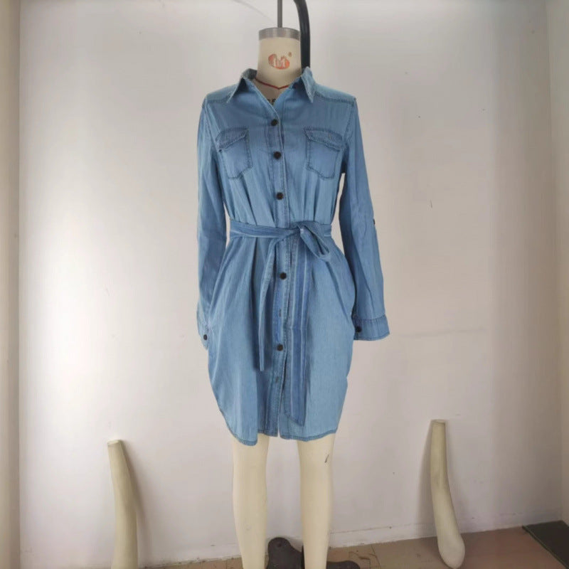 Women's Denim Lapel Collar Midi Dress