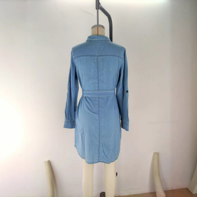 Women's Denim Lapel Collar Midi Dress