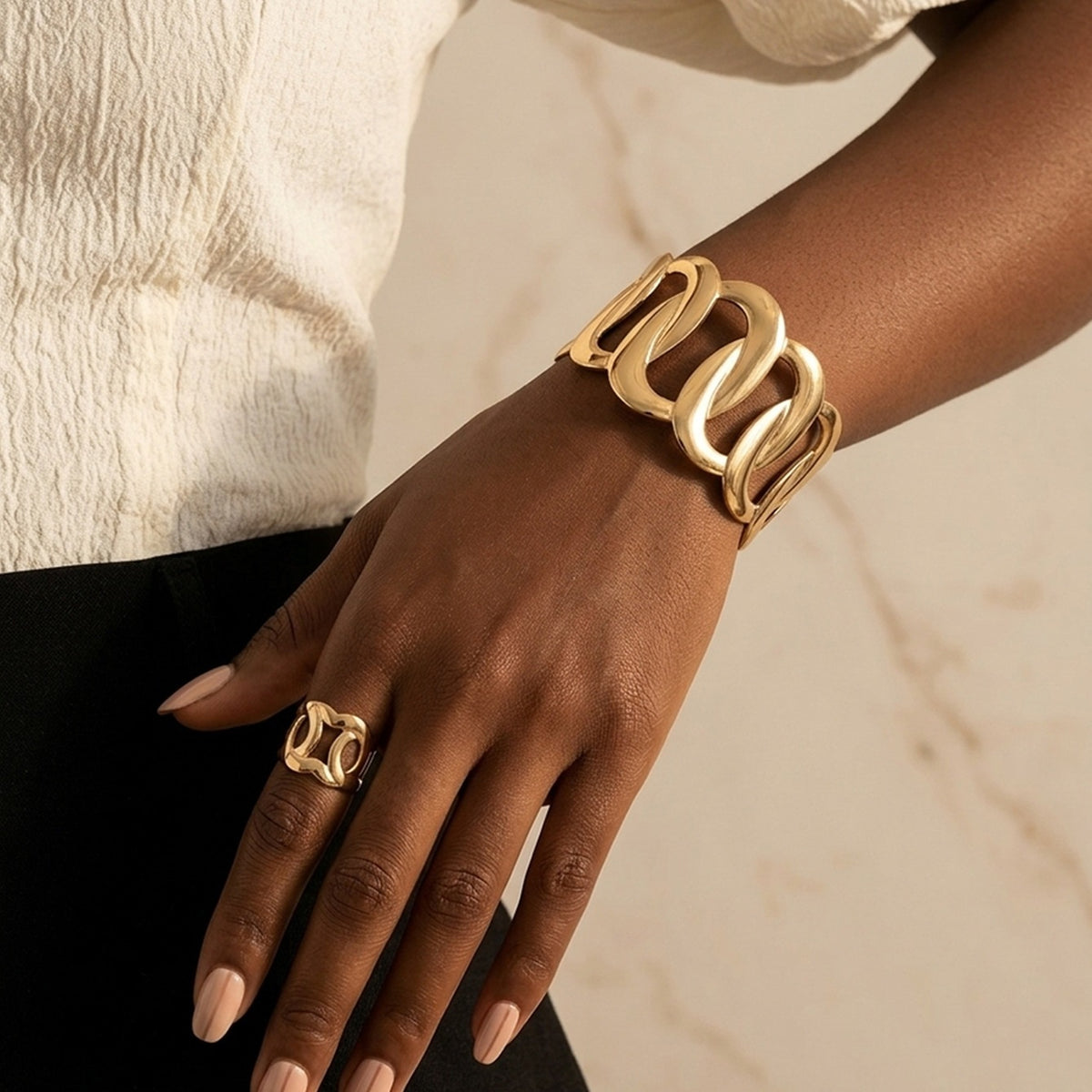 Adjustable Open Bracelet and Ring Set