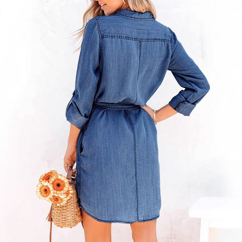 Women's Denim Lapel Collar Midi Dress